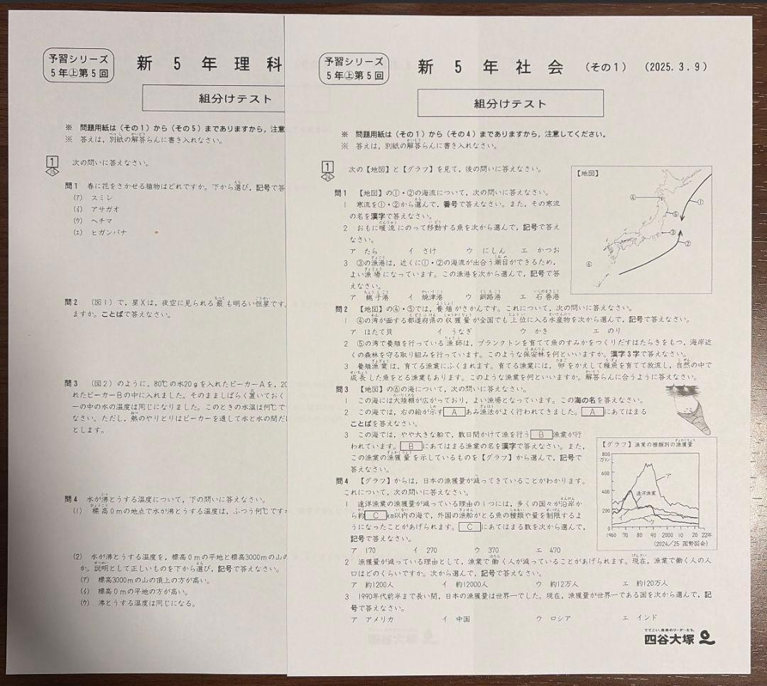 四谷大塚　組分けテスト　志望校判定テスト　5年生　2025年度　2024年度