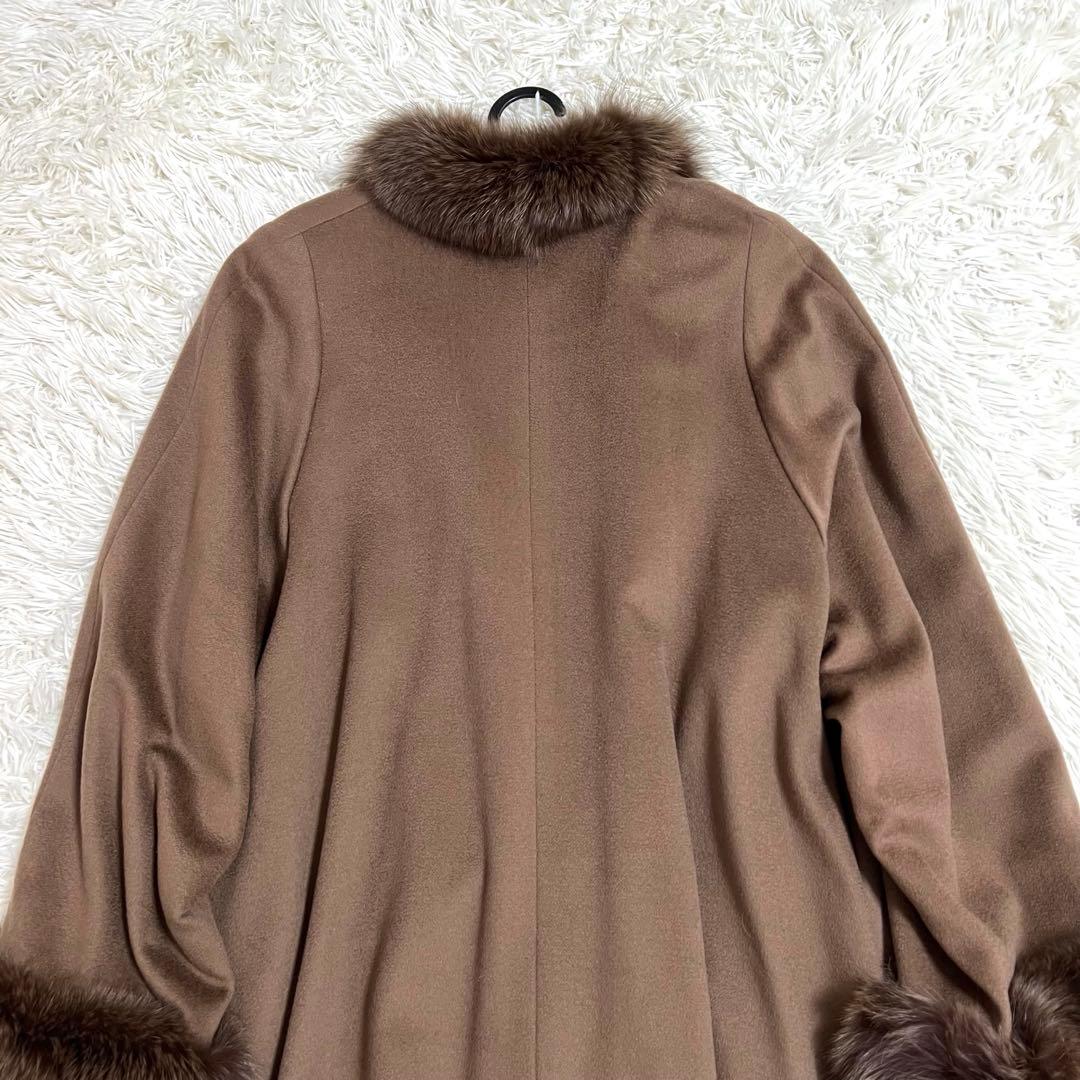 カシミア100% フォックスファー ロングコート ポンチョ ケープ ブラウンF