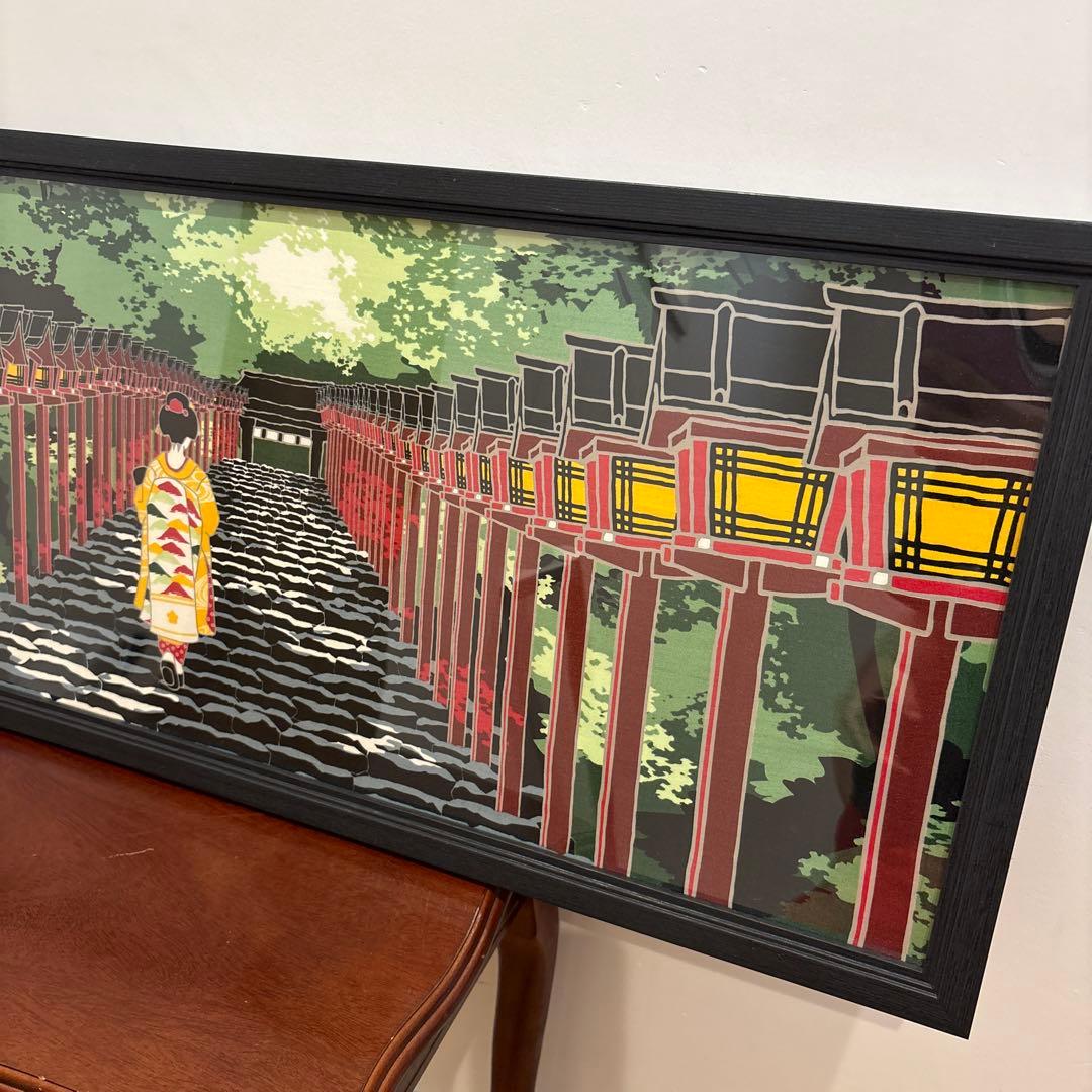 京都　貴船神社　舞妓　染色手ぬぐいと額　絵画風　黒　額　永楽屋