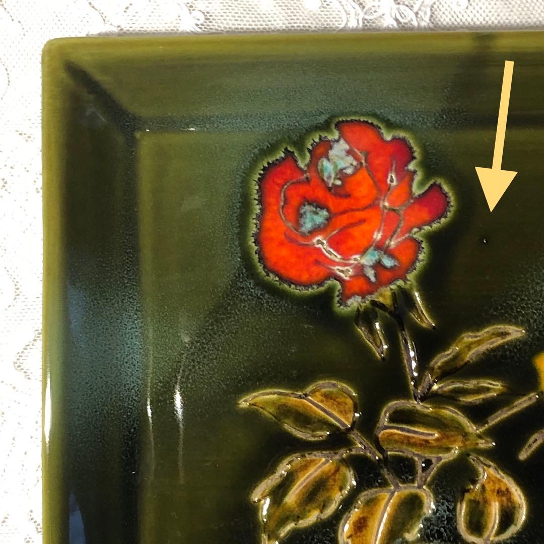 飾り皿 大皿 角皿 薔薇 バラ 陶器 ヴィンテージ アンティーク 金継ぎ 骨董