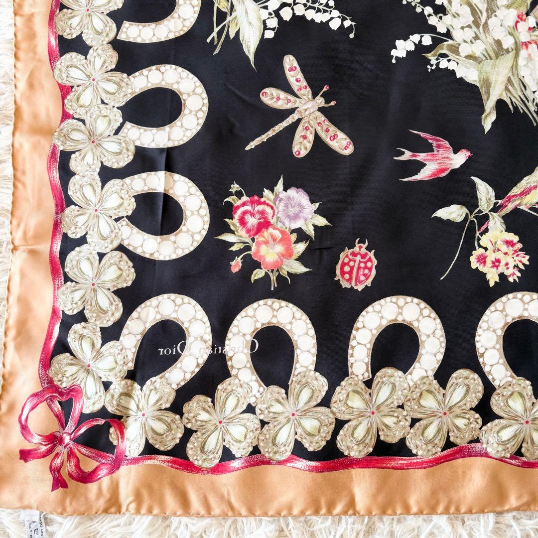 【美品】ディオール 大判シルク スカーフ Diorロゴ 花 鳥 トンボ リボン