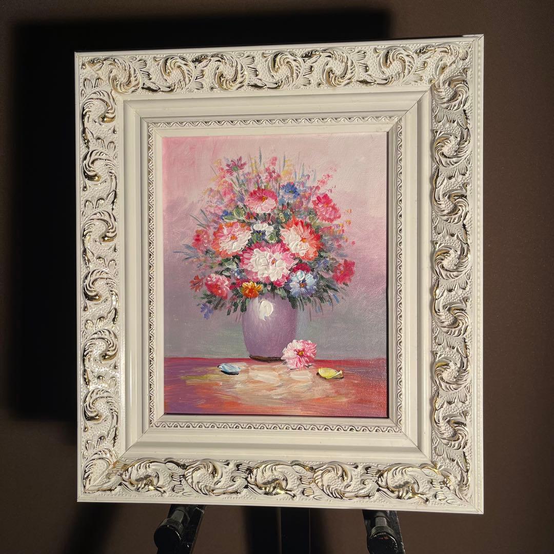 手書き油絵 花瓶の花 額付 肉筆絵画 インテリア 油彩画