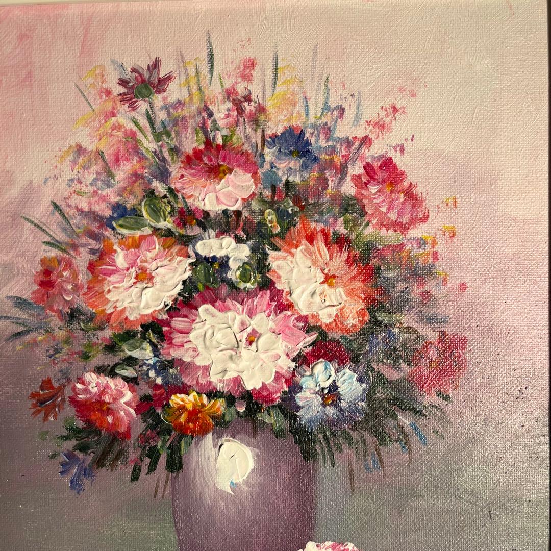 手書き油絵 花瓶の花 額付 肉筆絵画 インテリア 油彩画