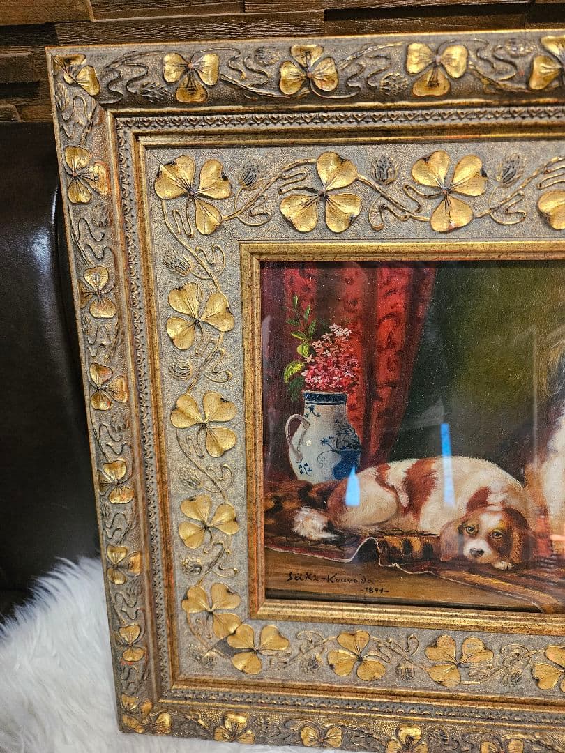 ​【模写】黒田清輝「二匹の犬」19世紀様式 三つ葉クローバー豪華額装 油彩画