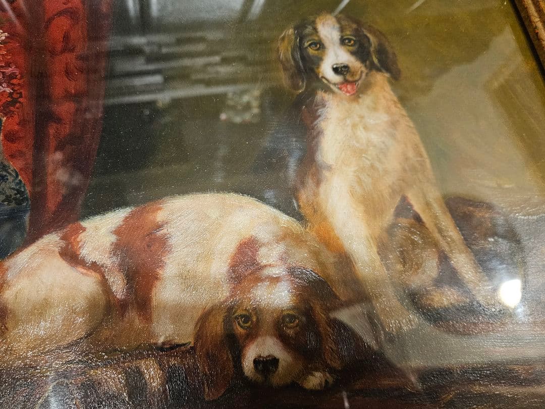 ​【模写】黒田清輝「二匹の犬」19世紀様式 三つ葉クローバー豪華額装 油彩画