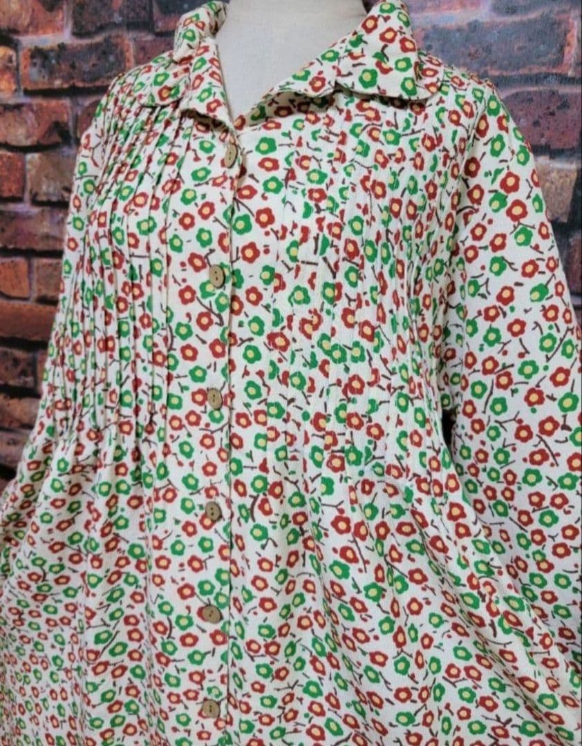 め0315着物リメイク正絹江戸縮緬前開ピンタックワンピースギャザー衿ハンドメイド