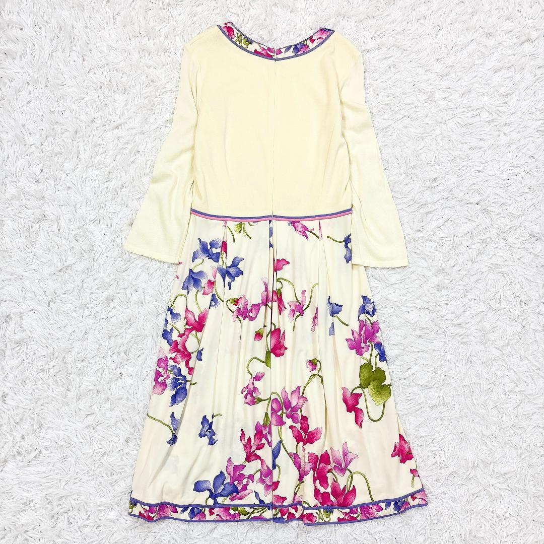 カンカン【極美品】レオナール 花柄ドッキングワンピース トリム アイボリー 40