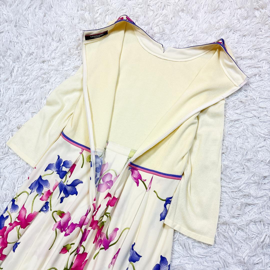 カンカン【極美品】レオナール 花柄ドッキングワンピース トリム アイボリー 40