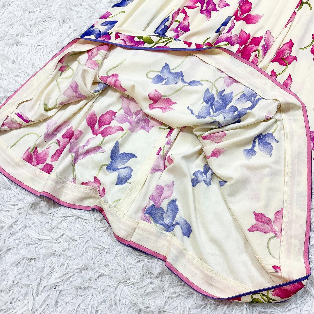 カンカン【極美品】レオナール 花柄ドッキングワンピース トリム アイボリー 40