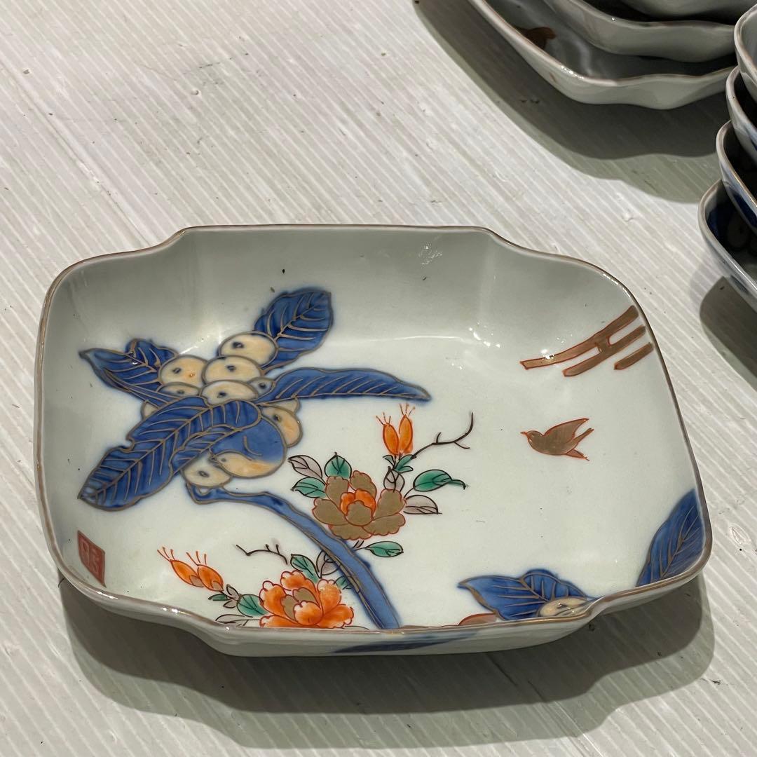 角形錦手　中手塩皿　さしみ皿　錦絵　おまとめ　20枚　年代物　共箱入り