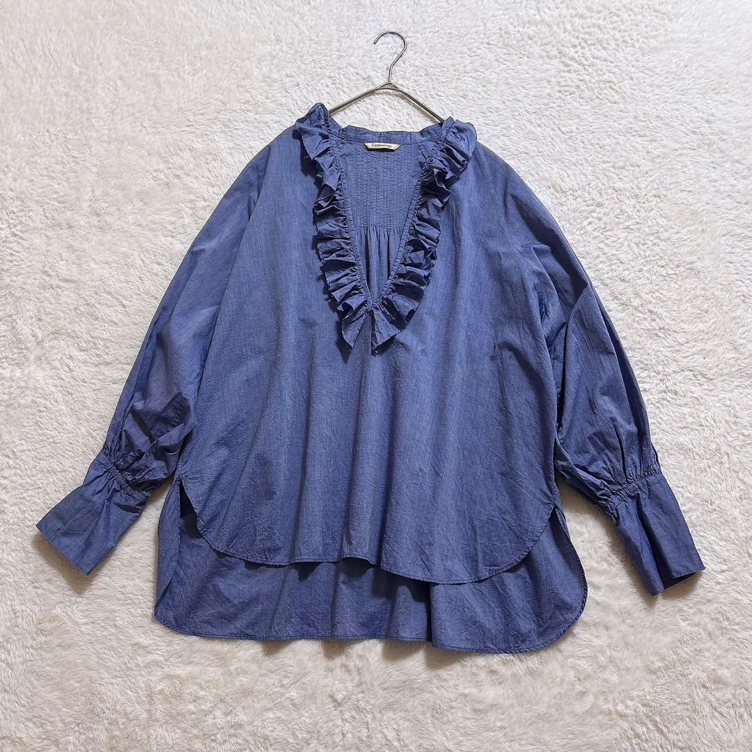 [美品]curensolosy シャンブレーフリルブラウス ブルー F
