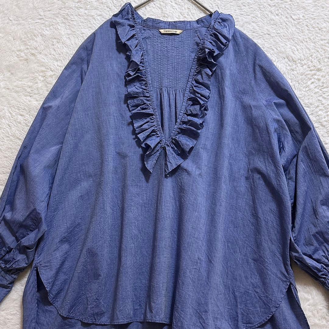 [美品]curensolosy シャンブレーフリルブラウス ブルー F
