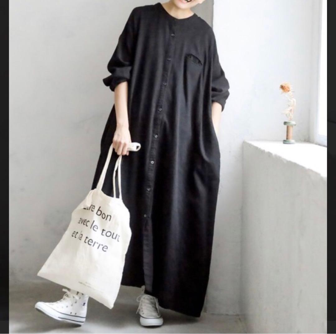 ソウルベリー✨ちょっぴり大胆な、黒のワンピース 綿麻 M バンドカラー
