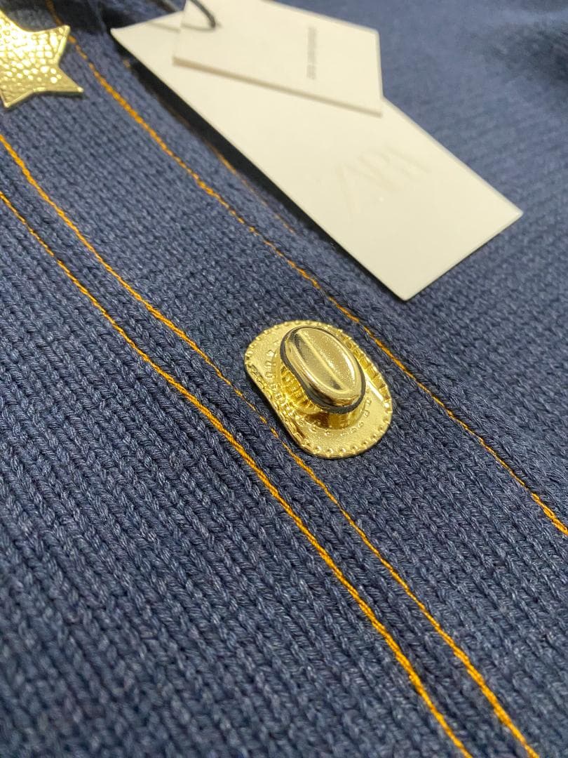 ZARA コントラストボタン付きニットジャケット カーディガン ブルー M