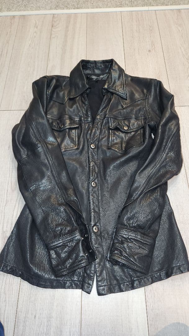 美品SHELLAC超美ライン本革シャツ黒レザージャケット48シェラック
