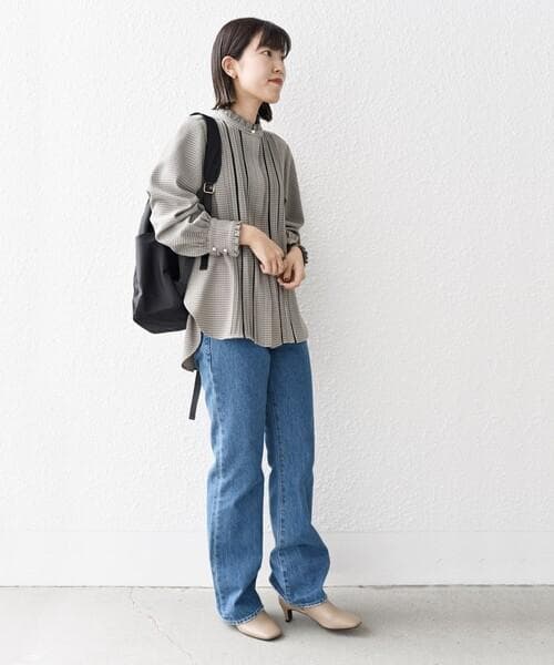 極美品✨定価１.６万❤️　配色チェックソリッドハシゴレースピンタックブラウス