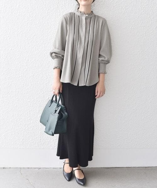 極美品✨定価１.６万❤️　配色チェックソリッドハシゴレースピンタックブラウス