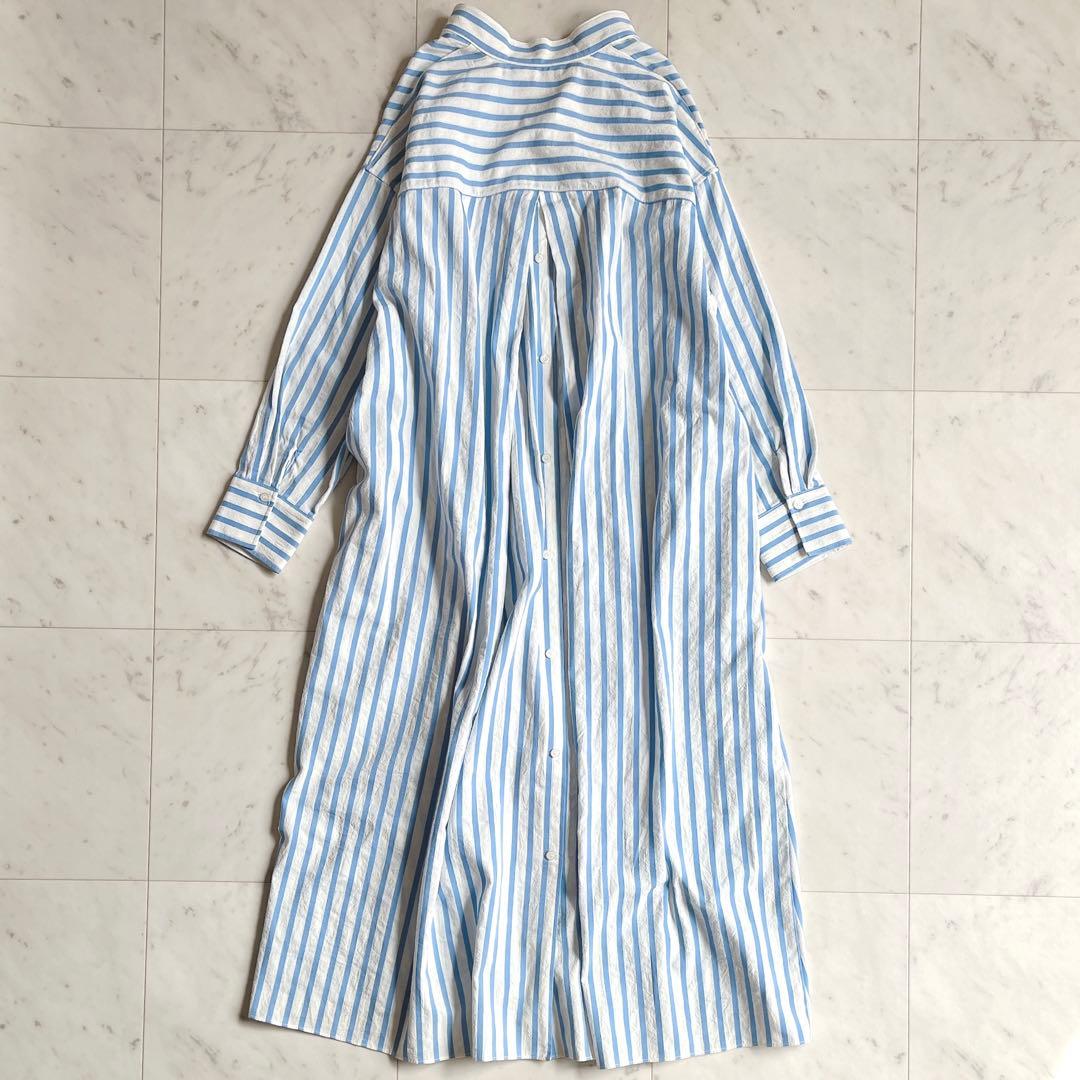 ノーリーズ ロングワンピース シャツワンピース ストライプ ブルー ホワイト