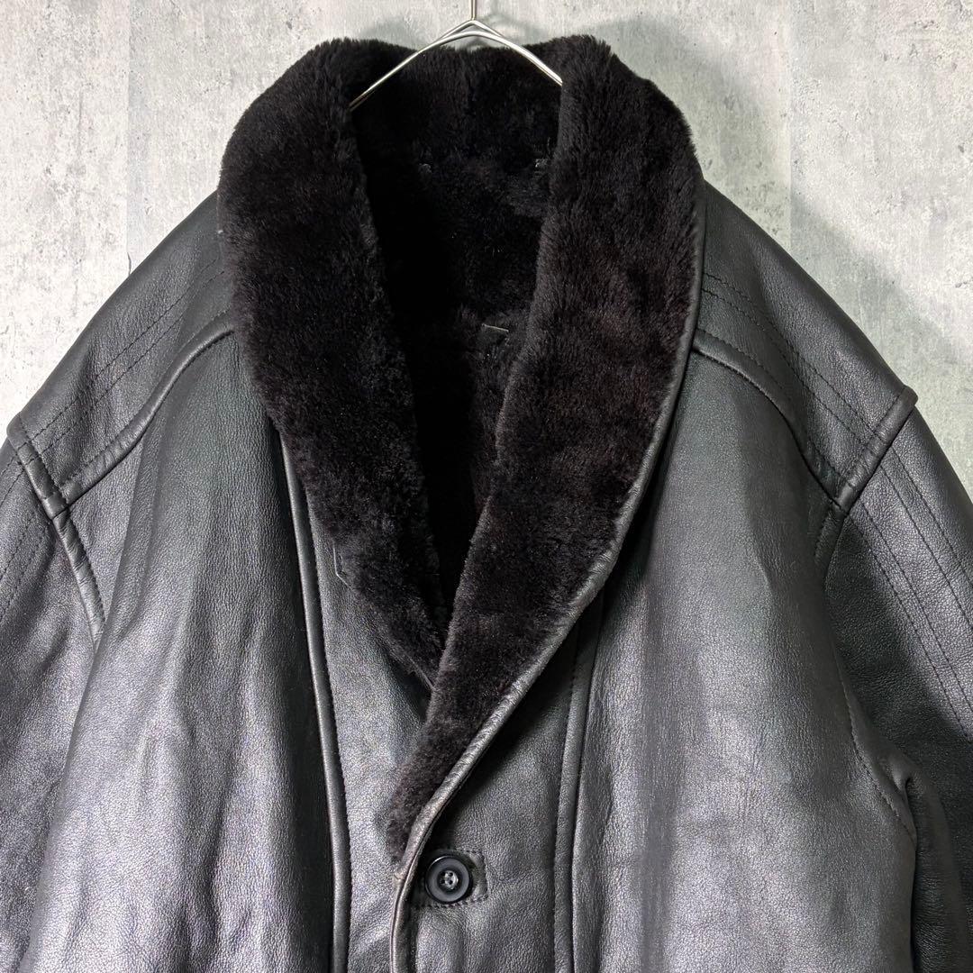 極上 イタリア製 リアル ムートン コート 炭黒 本革 shearling