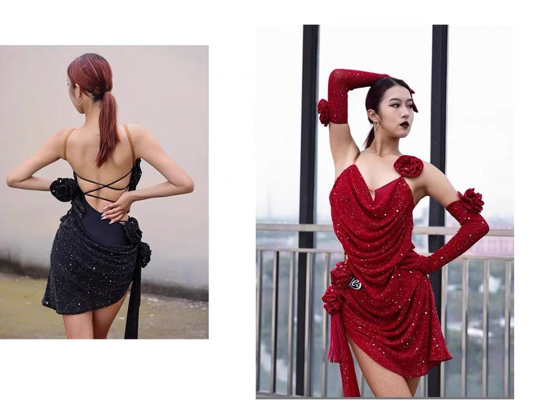 社交ダンス ラテンワンピースドレス ブラック 手袋付 ラメ入りオーダーメイド衣装