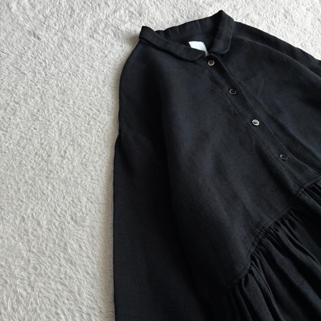 極美品 Gauze# リネン100スイッチングギャザーワンピース 長袖 ちび襟