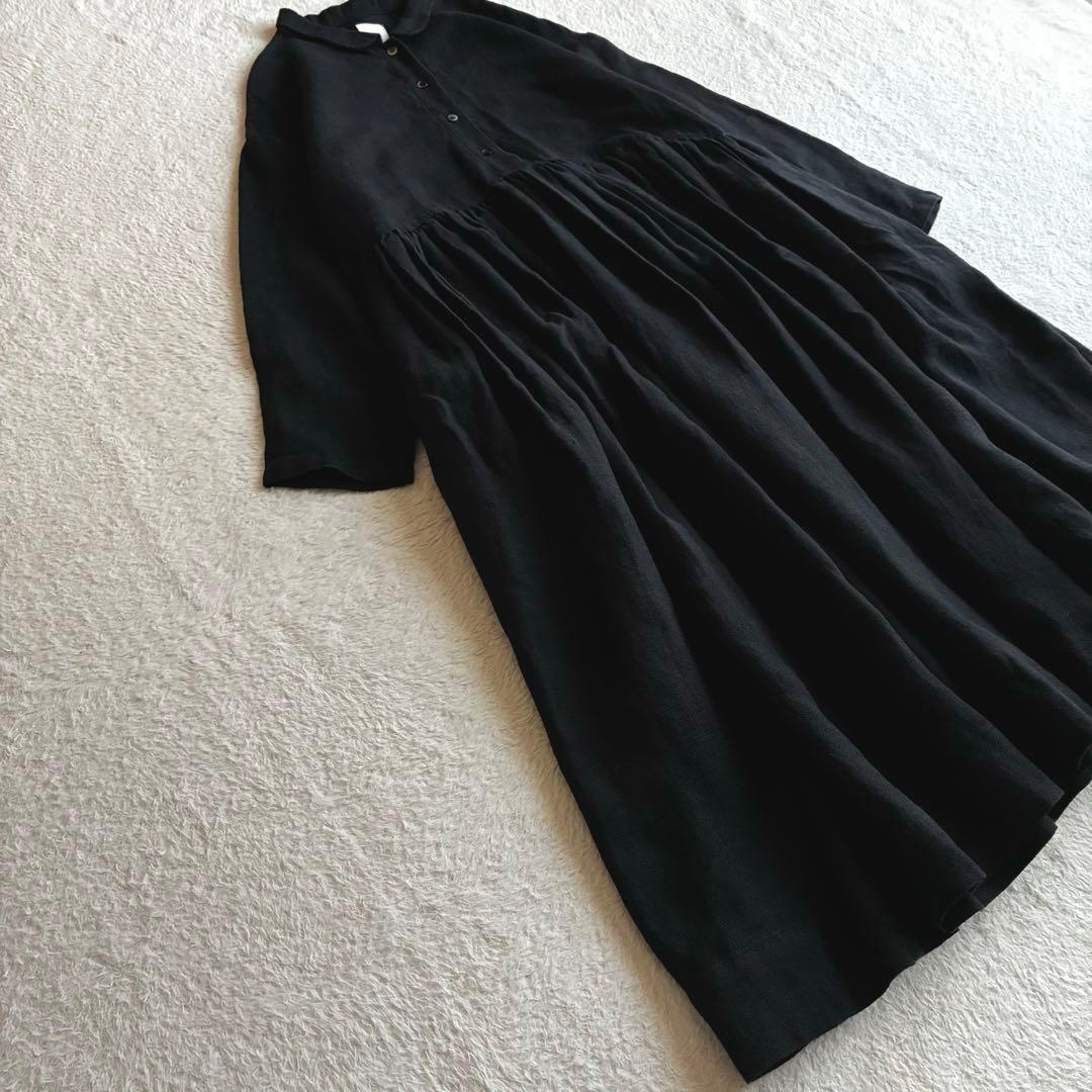 極美品 Gauze# リネン100スイッチングギャザーワンピース 長袖 ちび襟