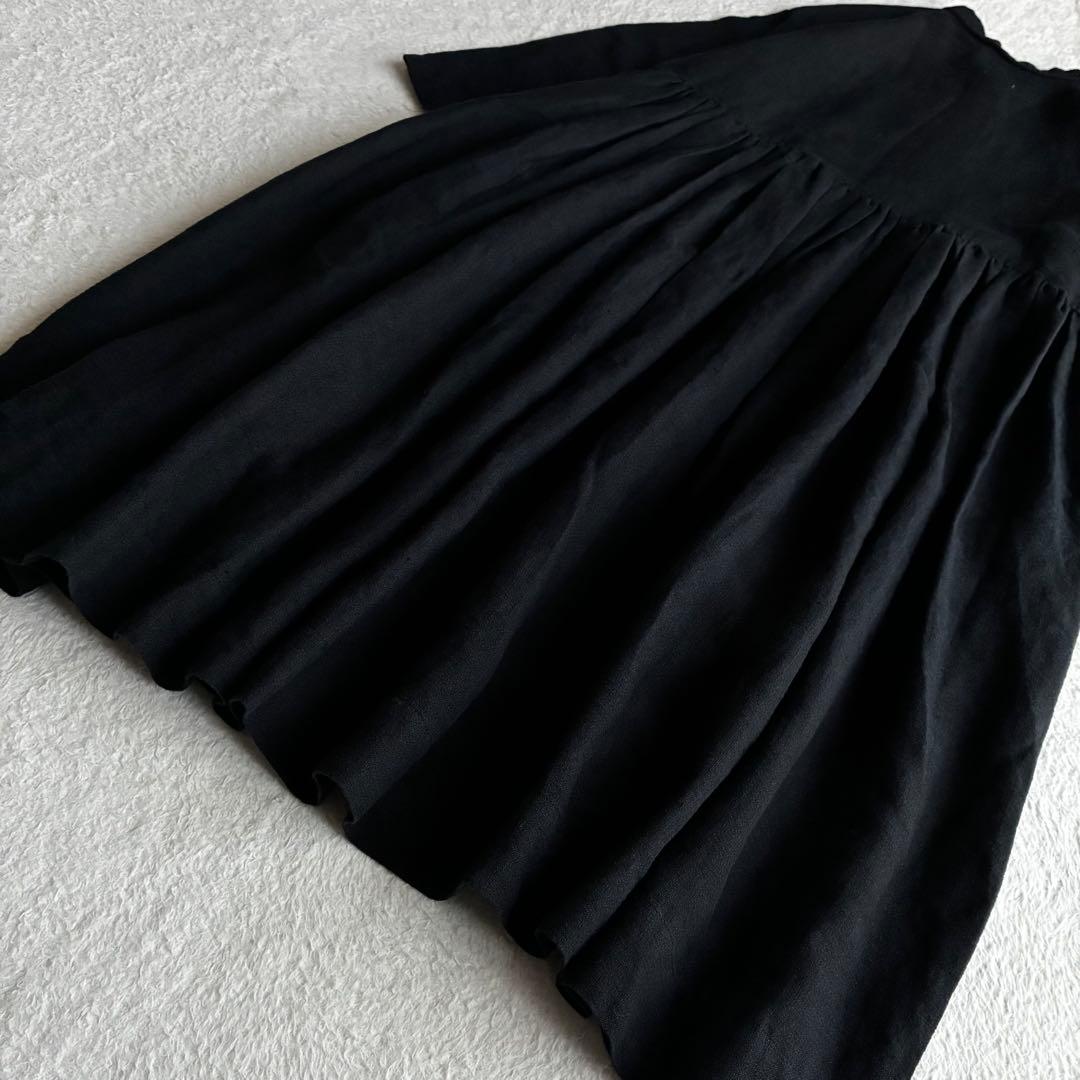 極美品 Gauze# リネン100スイッチングギャザーワンピース 長袖 ちび襟
