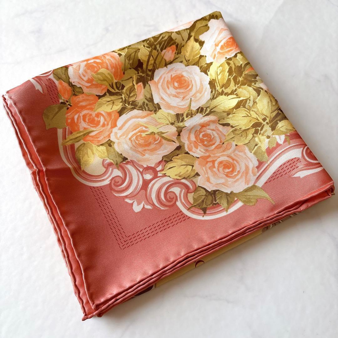 美品 LOEWE 大判 シルク スカーフ 薔薇 バロック サーモンピンク 伊製