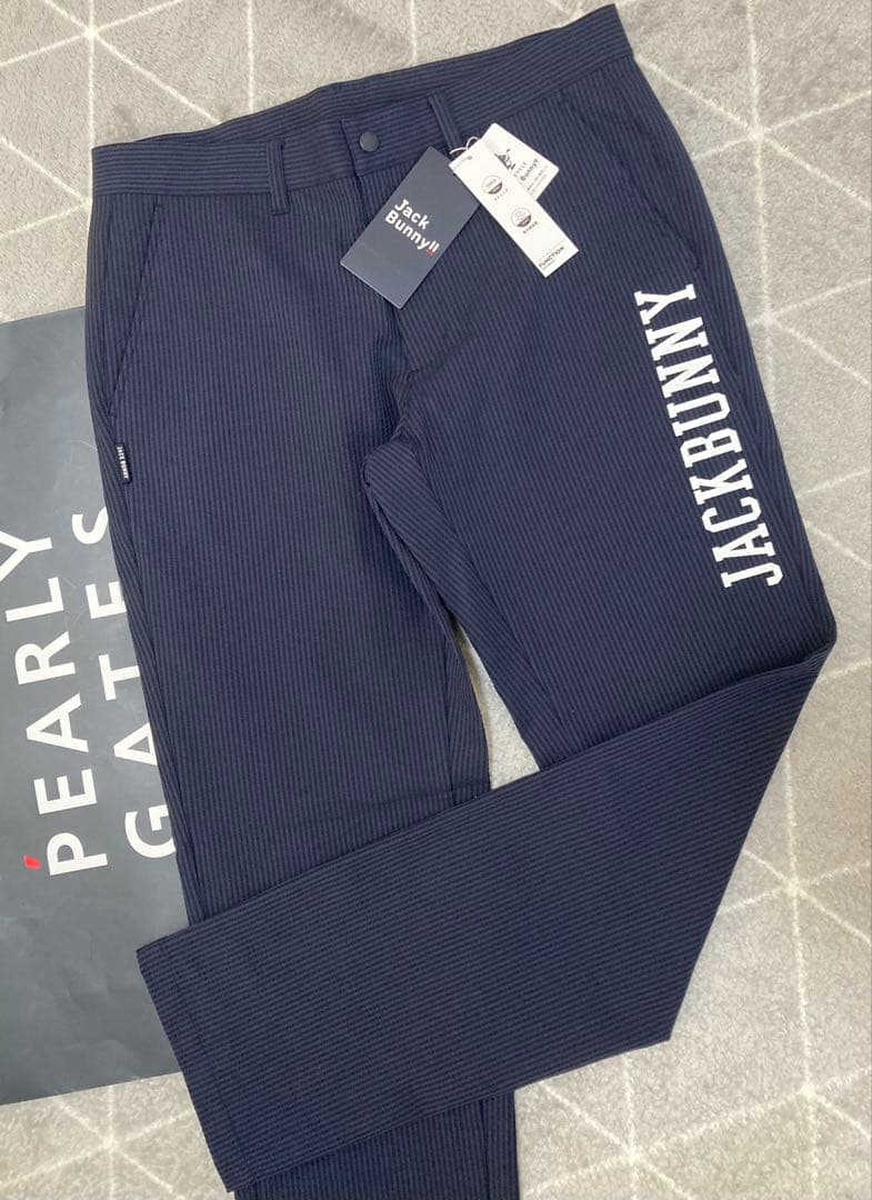 新品 パーリーゲイツ ジャックバニー 吸水速乾ストライプロングパンツ(4)M/紺