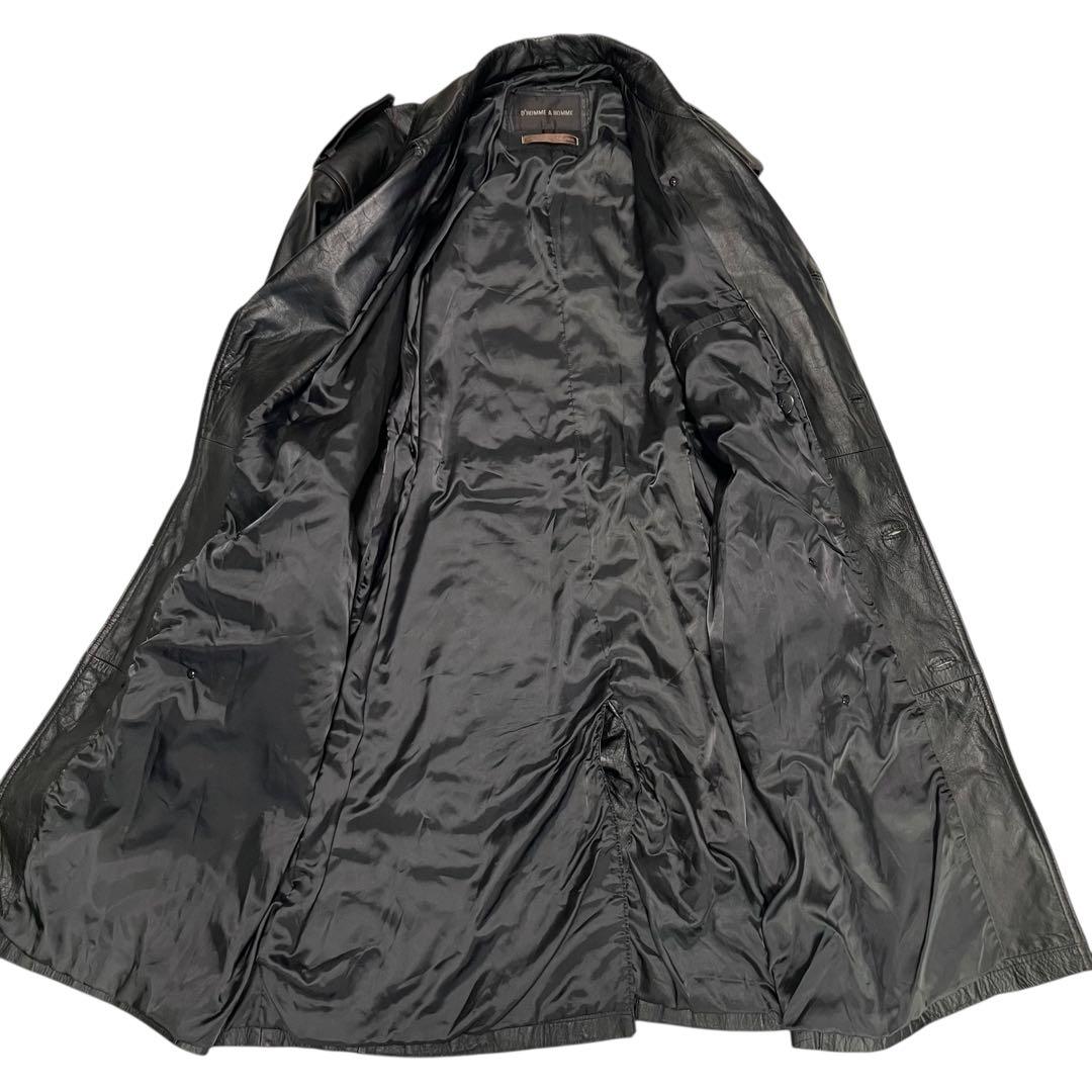 【vintage】牛革 本革 マキシ丈カウレザーダブルチェスターコート 黒 M