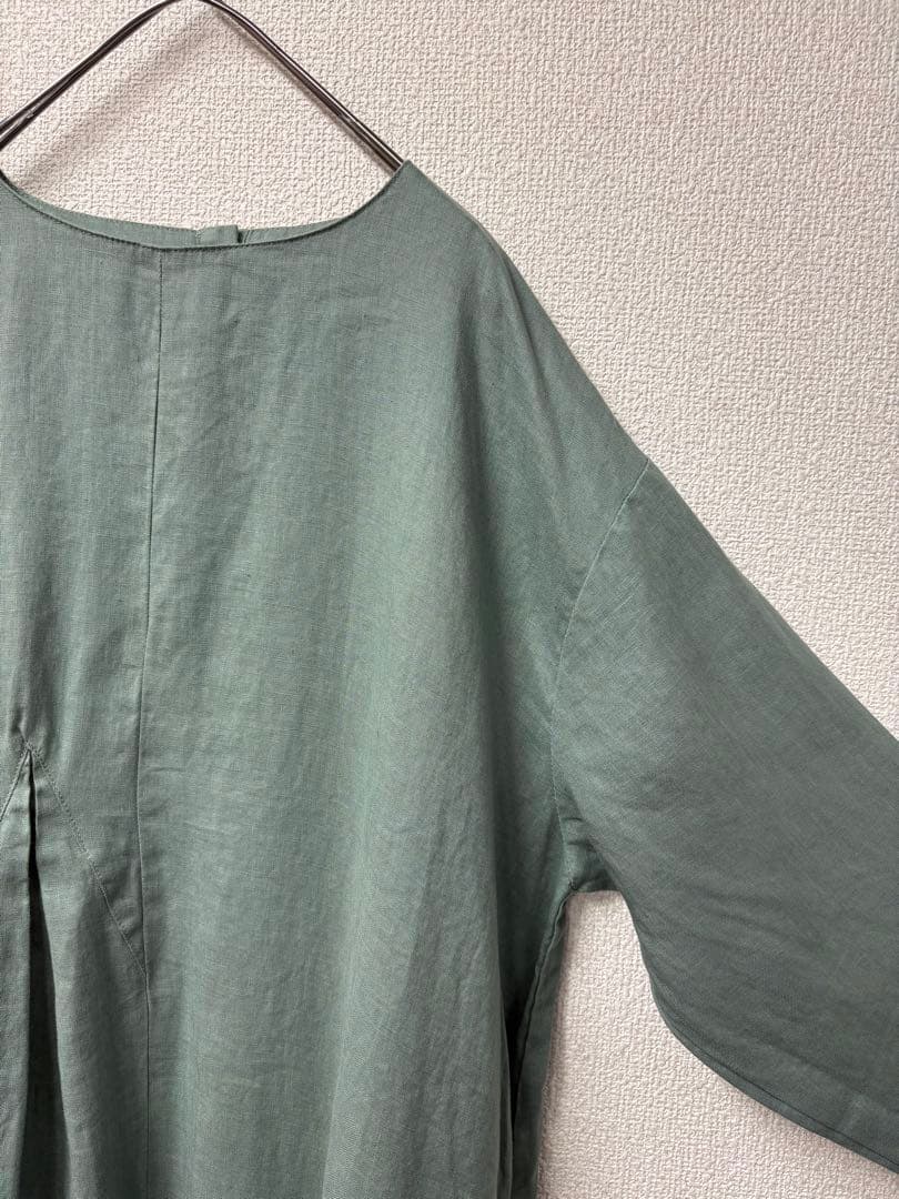 リネンアシンメトリータックロングワンピースダルグリーン美品