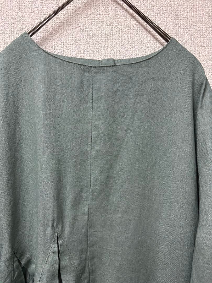 リネンアシンメトリータックロングワンピースダルグリーン美品