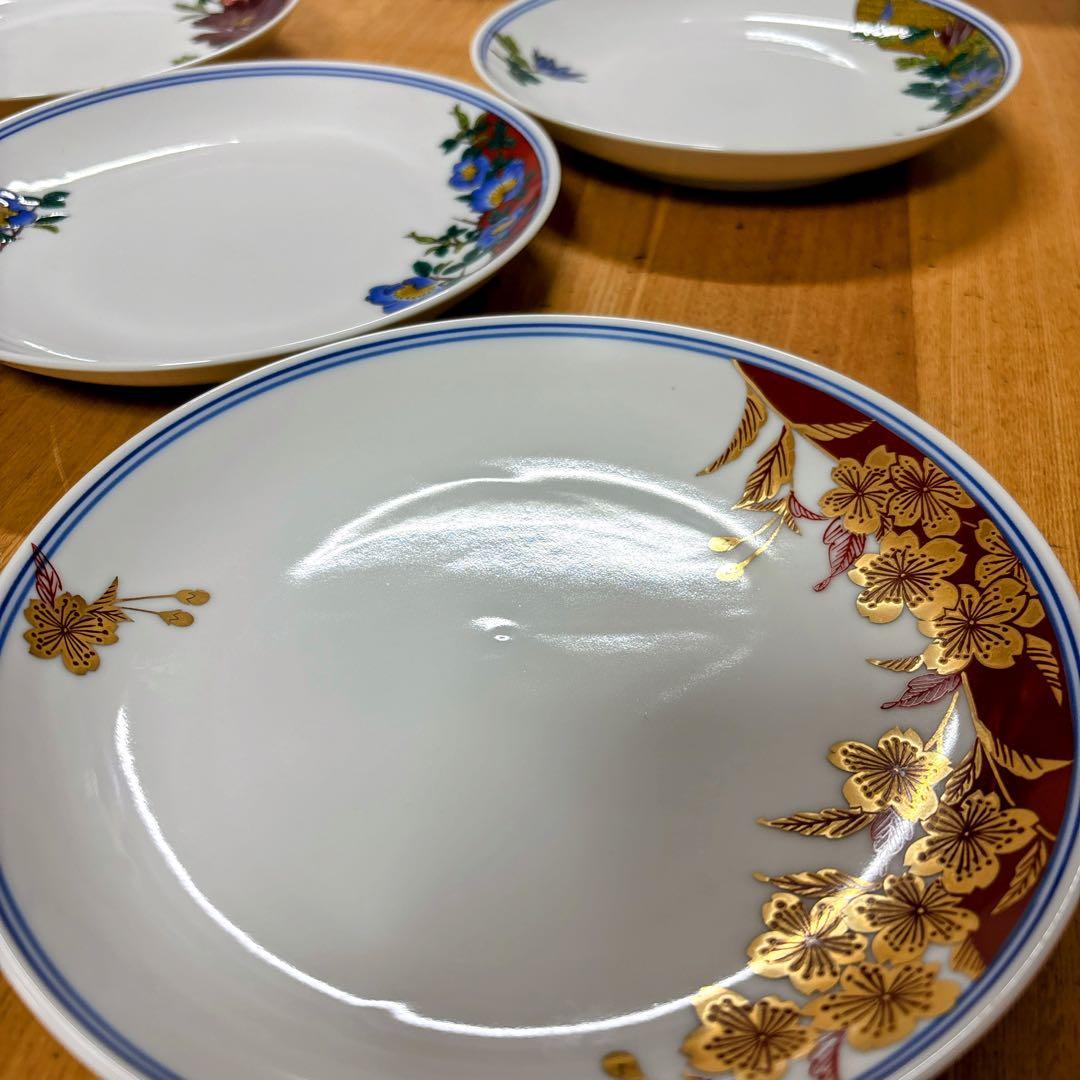九谷焼　錦栄窯　時代絵　花絵変わり　6号皿揃　中皿　盛皿　19cm