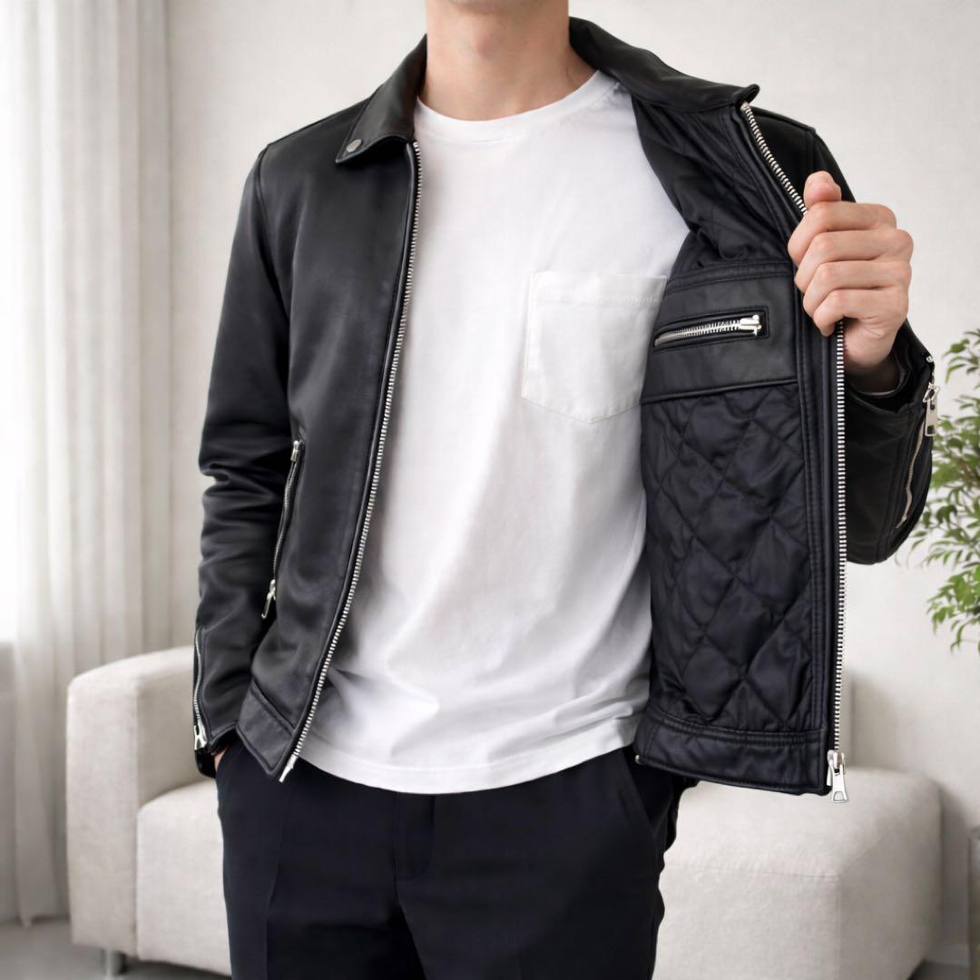 美品 ナノユニバース 羊革 中綿レザー ジャケット Sシングルライダース 黒