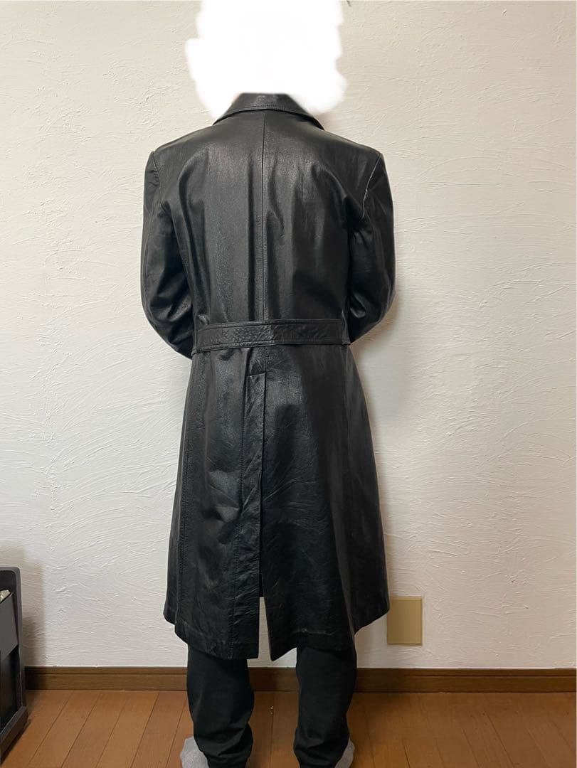 黒レザー ロングコート ウエストベルト付き