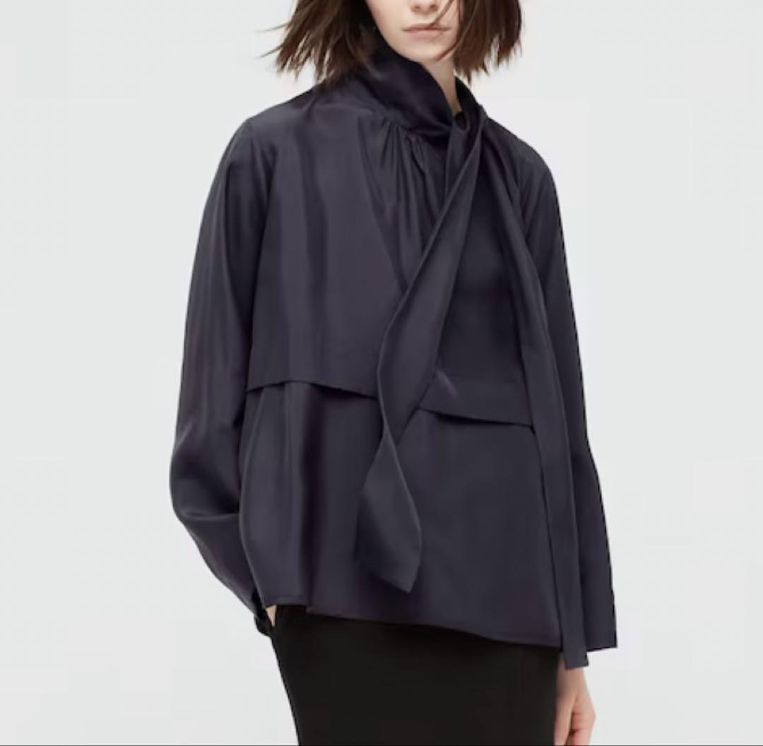 +J シルクボウタイブラウス　シルク100% XL 大きいサイズ　ブラック