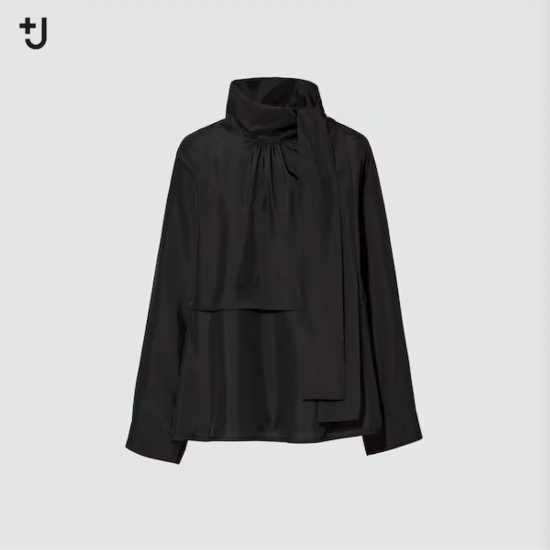+J シルクボウタイブラウス　シルク100% XL 大きいサイズ　ブラック