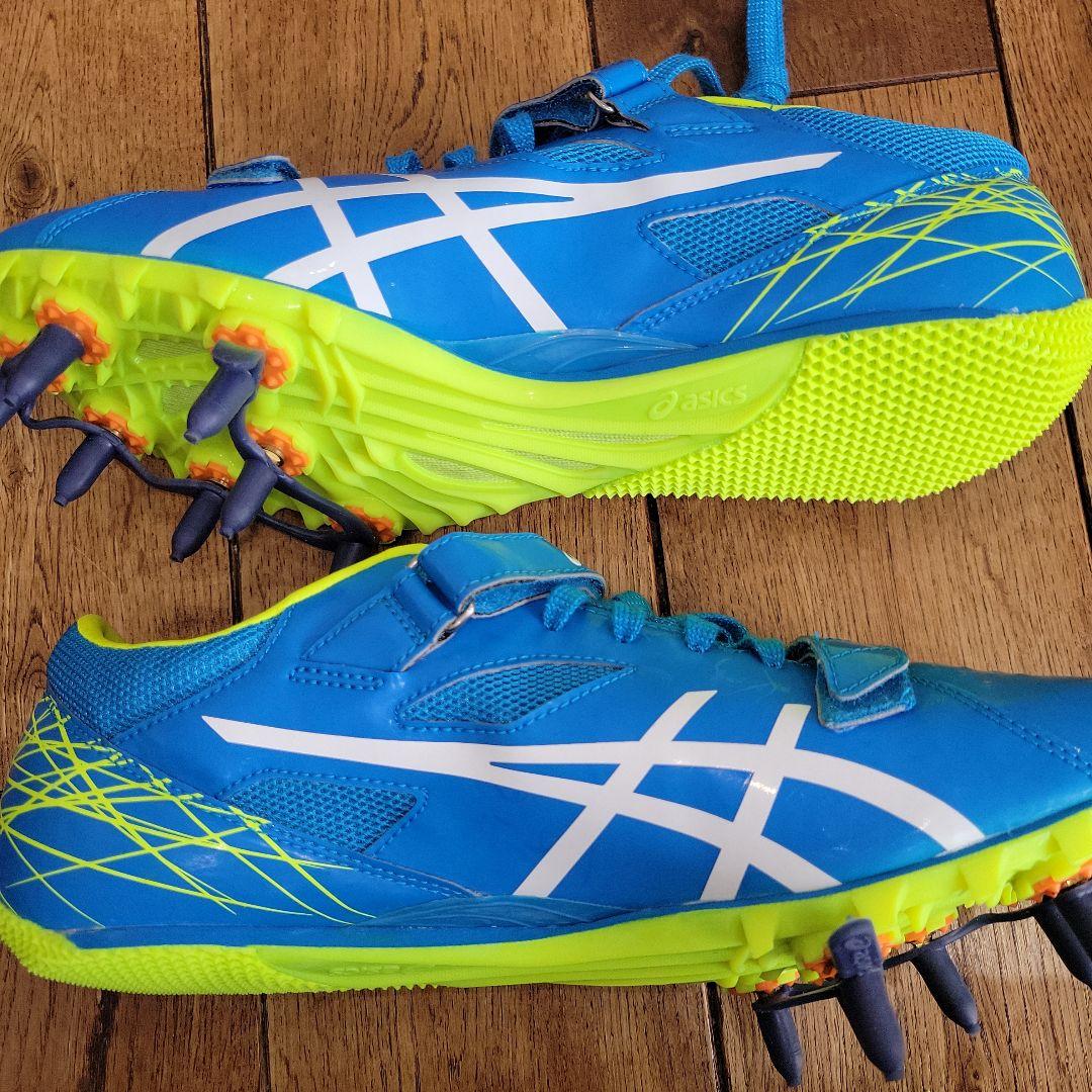 未使用　asics スパイクシューズ 青/黄色　 ベルクロストラップ　ピン付き