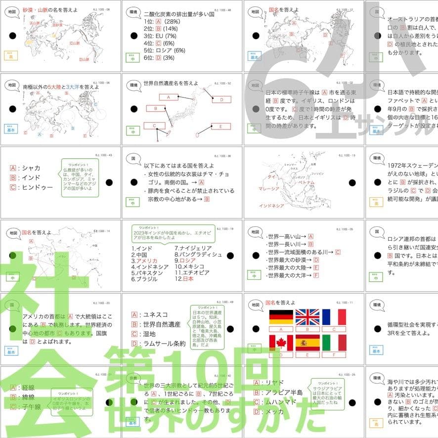 中学受験 暗記カード【6年上 社会 10-17回】予習シリーズ 組分け