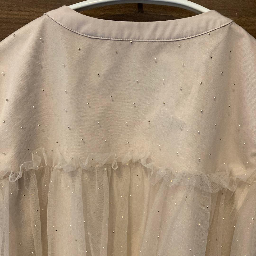 【極美品】JUSGLITTY キラキラチュールシャツブラウス ピンクベージュ M