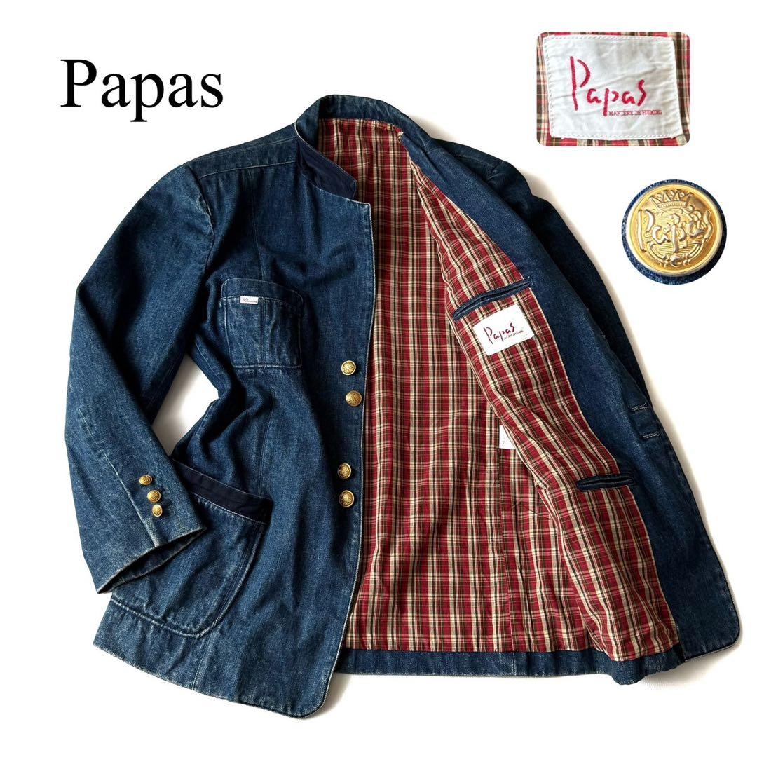 【希少】 Papas デニムジャケット ロゴ入り 金ボタン 裏地チェック L相当