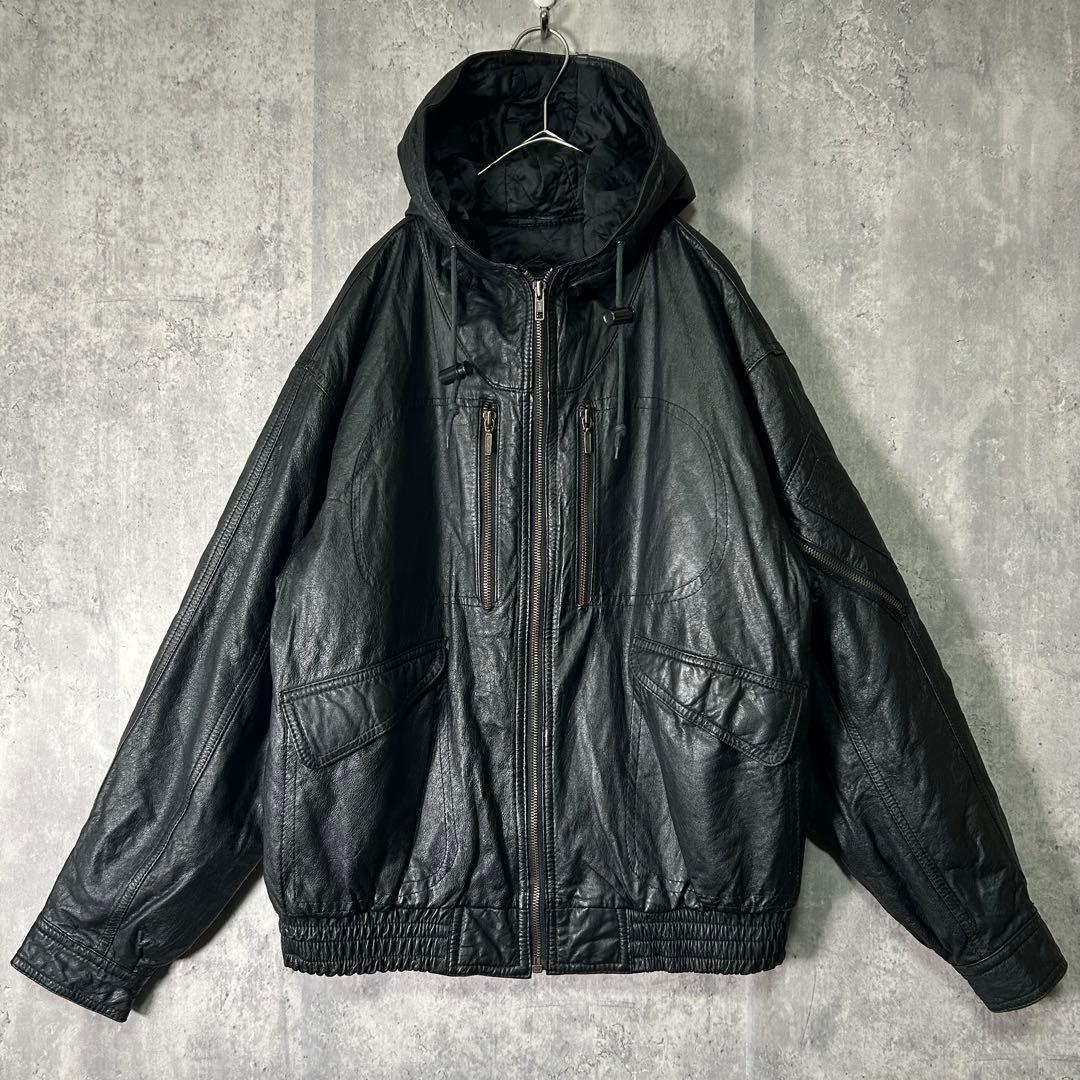 Y2K 本革 レザー ジャケット パーカー 黒 グランジ