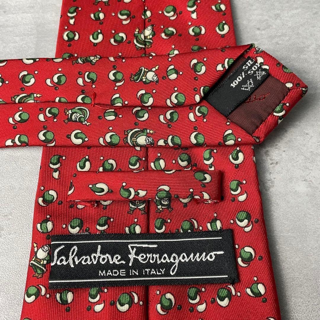 美品 Salvatore Ferragamo サンタ柄 ドット ネクタイ レッド