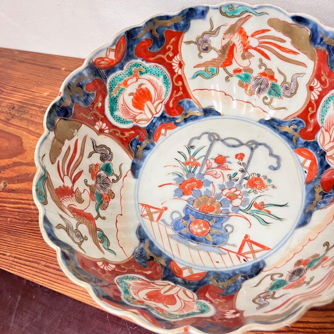 明治伊万里　錦手籠花・鳳凰柄　大鉢　直径22cm 高さ10cm 骨董器　卍銘