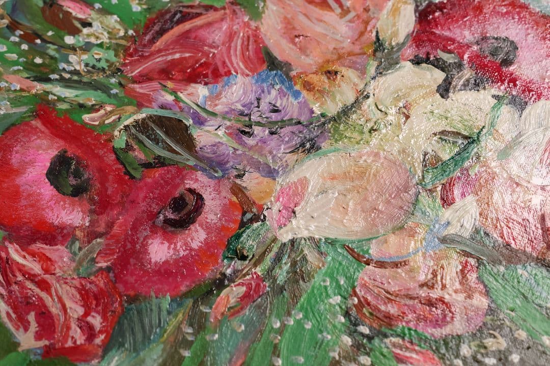 【真作】中島裕子 油彩 SM号「ファンタジーの花々」額装 ポピー 薔薇CM173