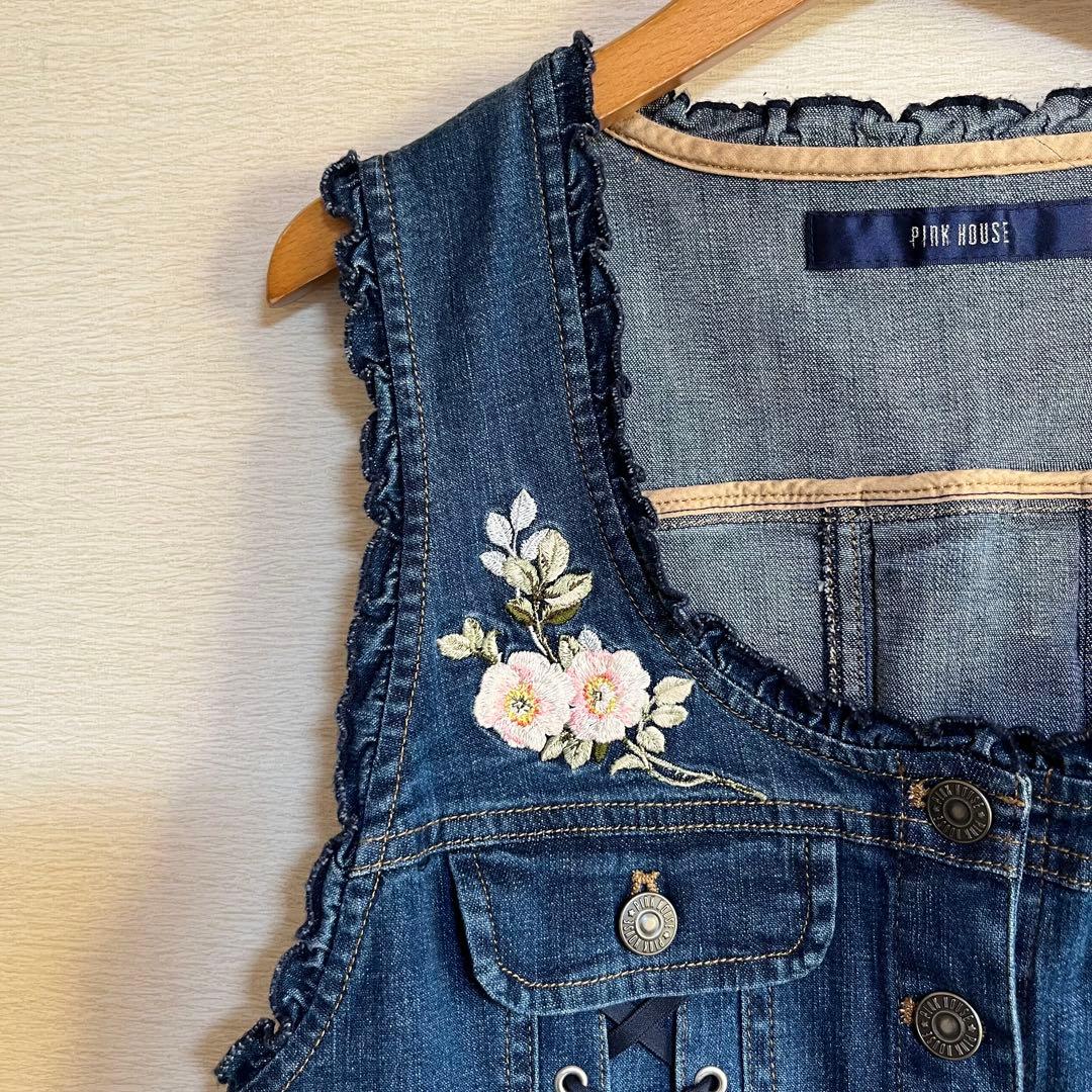 ピンクハウス PINKHOUSE デニムベスト ブルー レース 花柄 刺繍