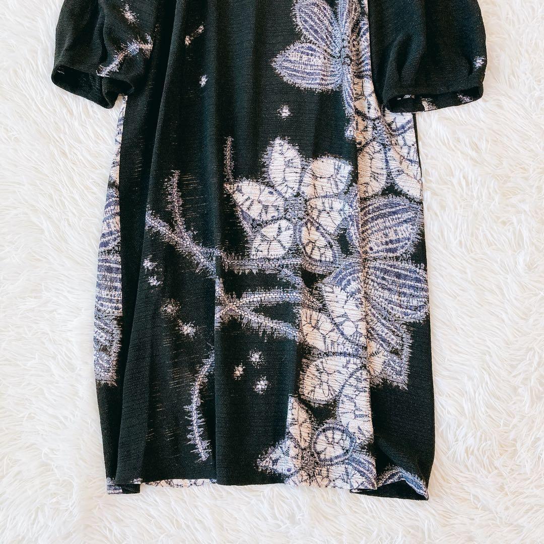 シセンドウ ワンピース 花柄 七分袖 黒 フラワープリント ゆったり 上品
