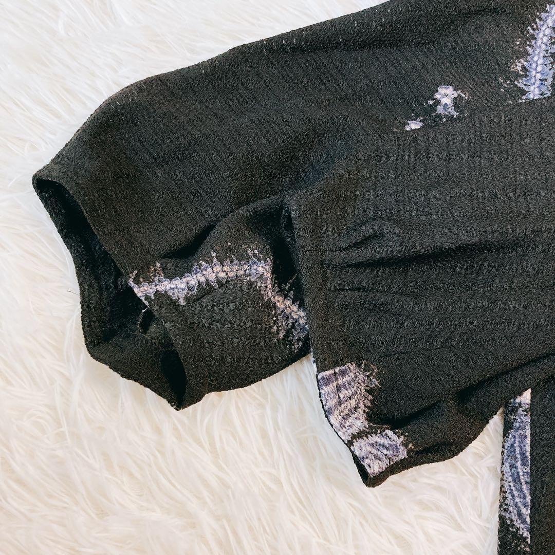 シセンドウ ワンピース 花柄 七分袖 黒 フラワープリント ゆったり 上品