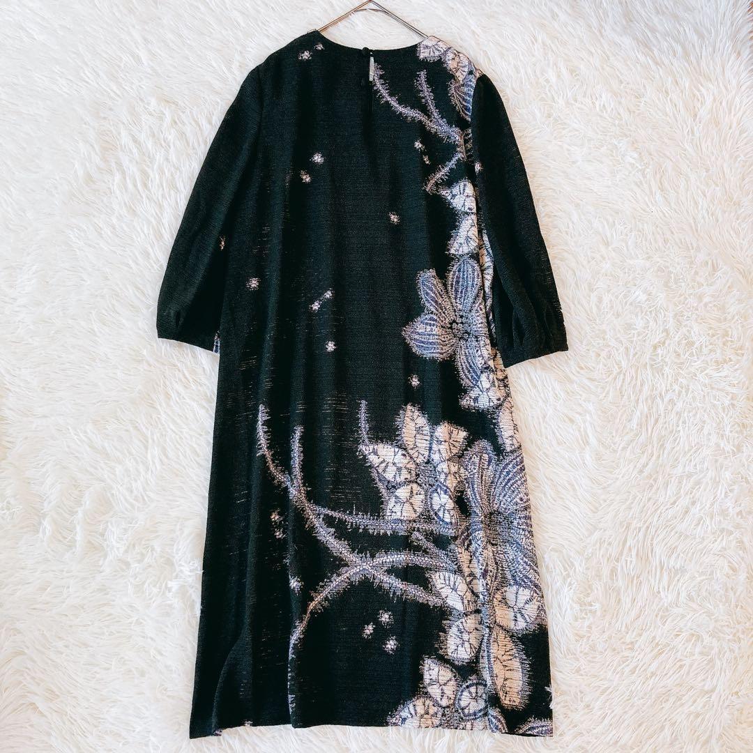 シセンドウ ワンピース 花柄 七分袖 黒 フラワープリント ゆったり 上品