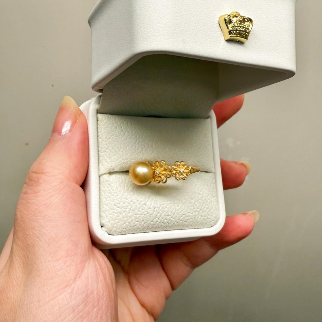 【極上テリ】南洋ゴールドパール 8.2mm 蕾絲雛菊リング 純金999鍍金一點物